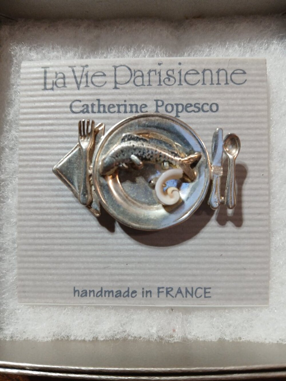 LaVie Parisienne Sterling silver fish for dinner plate pin by Catherine Popesco